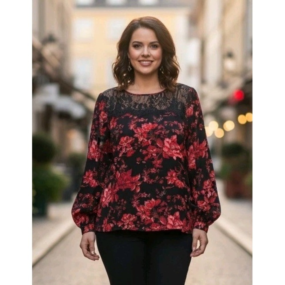 Carmen Marc Valvo Floral Long Sleeve Top Women's XL Black Red Lace Whimsigoth